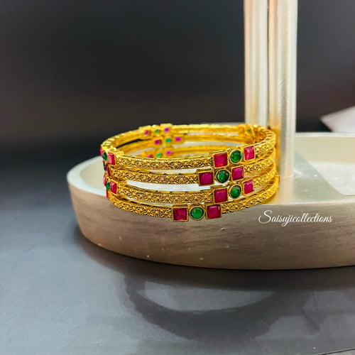 Imitation Gold with Ruby and Emerald Bangles, Size 2.8, Set of 4-Saisuji Collections-C-Alloy,Bangle,Bangles,Gold,Imitation Gold,Ruby,Ruby Emerald