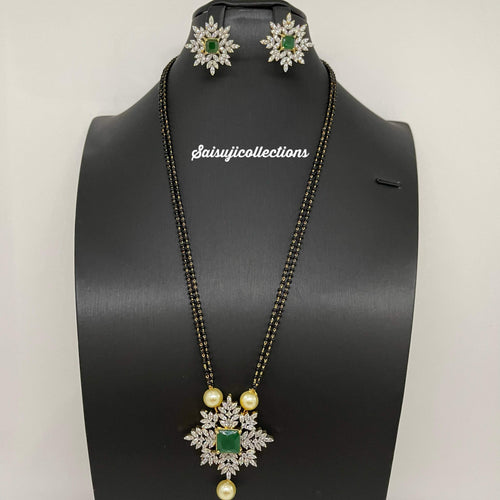Elegant Diamond Finish Black Beads With CZ and Green Stone Locket and Earrings-Saisuji Collections-C-AD,American Diamond,Imitation Gold,Laxmi,Mangalsutra