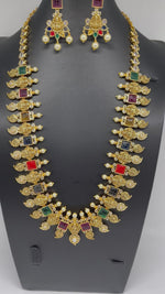 Elegant Gold Replica Imitation Gold Navaratan Lakshmi Mango Necklace Set With Earrings