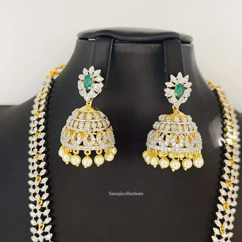 Elegant Diamond Finish Long Haram with CZ and Green Stone Necklace with Earrings-Saisuji Collections-C-AD,American Diamond,CZ,Necklace,Necklace Set,Necklaces