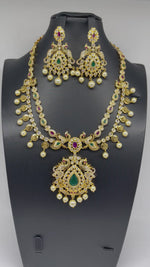Elegant 2 Lane Gold Replica AD Peacock and Lakshmi Kasu Necklace Set with Earrings