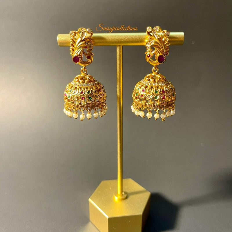 Matte Gold Multi stone Peacock Jumka-Swarnakshi-American Diamond,CZ,Earring,Earrings,Jumka,Matte Gold,Peacock,Ruby