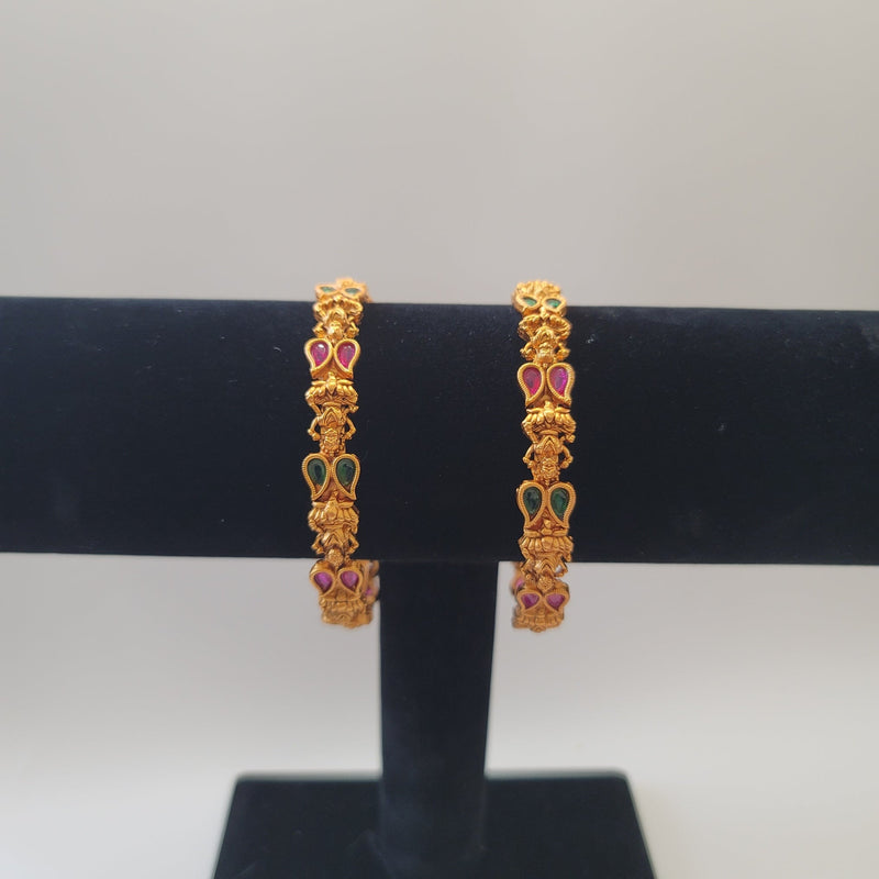 Beautiful Matt Finish Ruby And Green stone Lakshmi Bangles Size 2.8