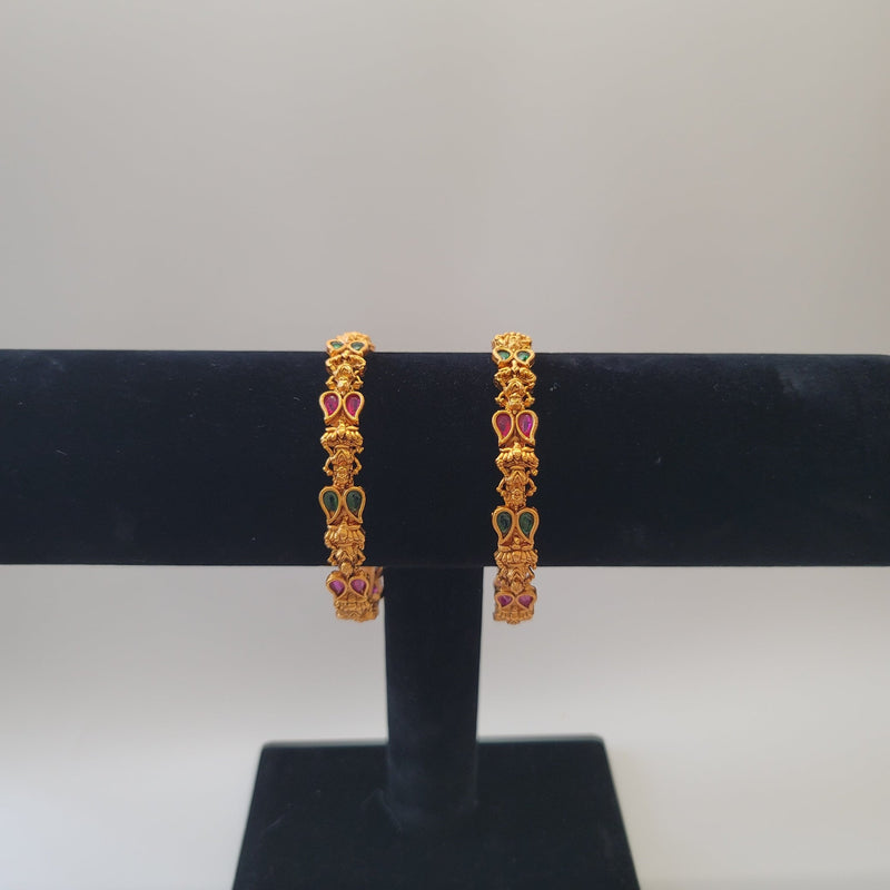 Beautiful Matt Finish Ruby And Green stone Lakshmi Bangles Size 2.8