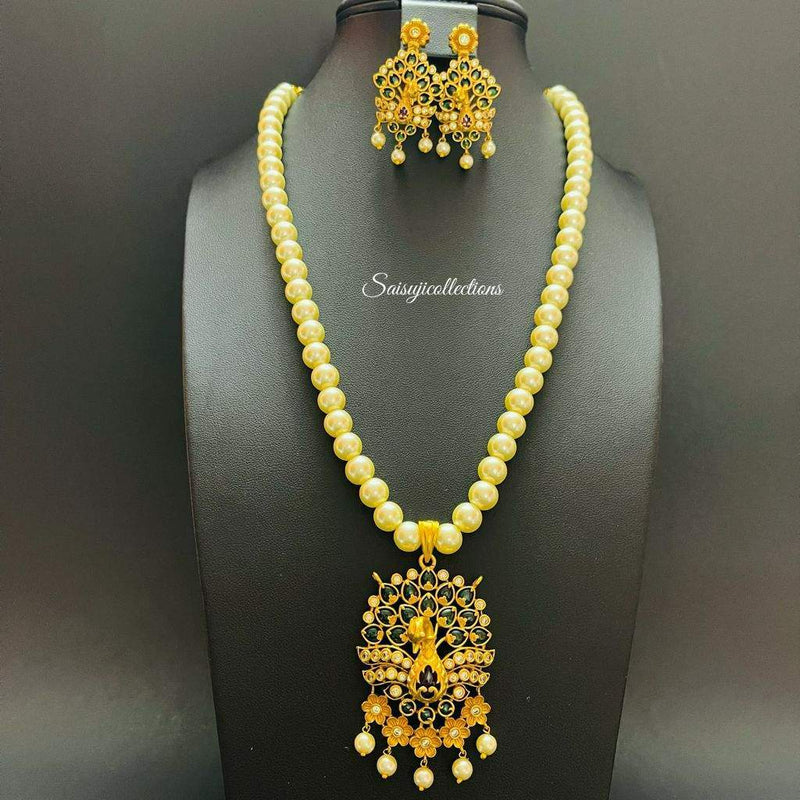 Pearl set with Premium Matte Gold and Emerald and CZ Peacock Set with Earrings-Saisuji Collections-C-AD,Emerald,Matte Gold,Necklace,Necklace Set,Necklaces,Necklance,Ruby
