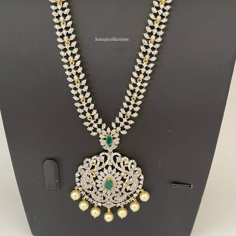 Elegant Diamond Finish Long Haram with CZ and Green Stone Necklace with Earrings-Saisuji Collections-C-AD,American Diamond,CZ,Necklace,Necklace Set,Necklaces