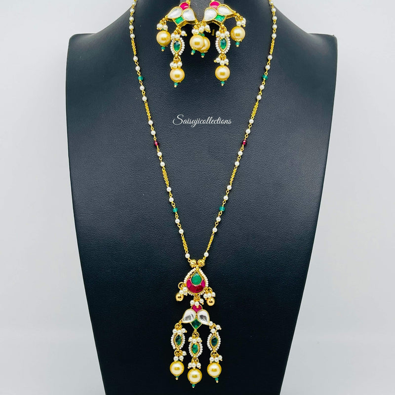 Beautiful Pachi kundan and pearl chain with earrings-Saisuji Collections-S-chocker,Chockers,Choker,Chokers,Jadav,Kundan,Multi stone