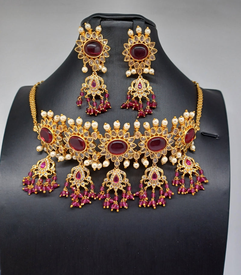 Beautiful Imitation Gold AD and Magenta Beads Choker Set With Earrings