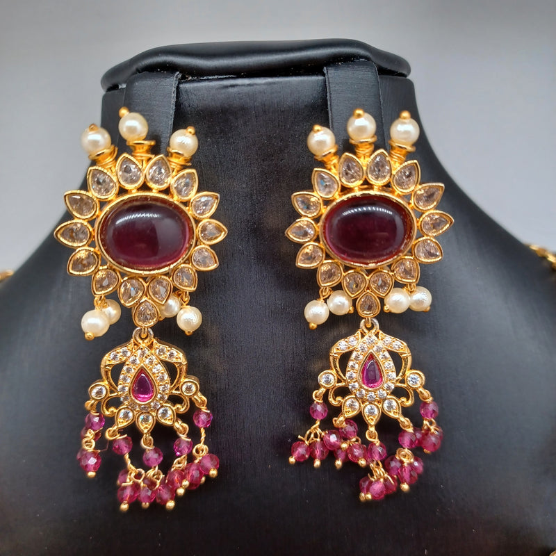 Beautiful Imitation Gold AD and Magenta Beads Choker Set With Earrings