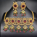 Beautiful Imitation Gold AD and Magenta Stones And Multi Beads Choker Set With Earrings