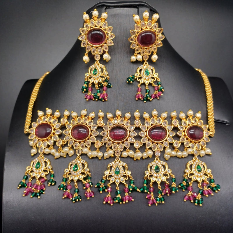 Beautiful Imitation Gold AD and Magenta Stones And Multi Beads Choker Set With Earrings