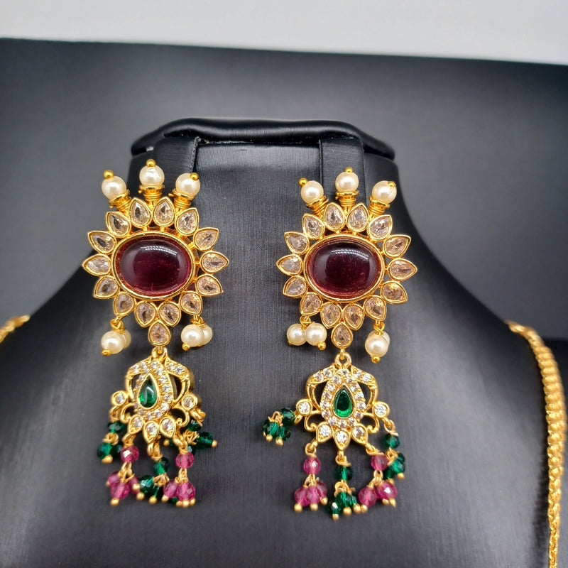 Beautiful Imitation Gold AD and Magenta Stones And Multi Beads Choker Set With Earrings