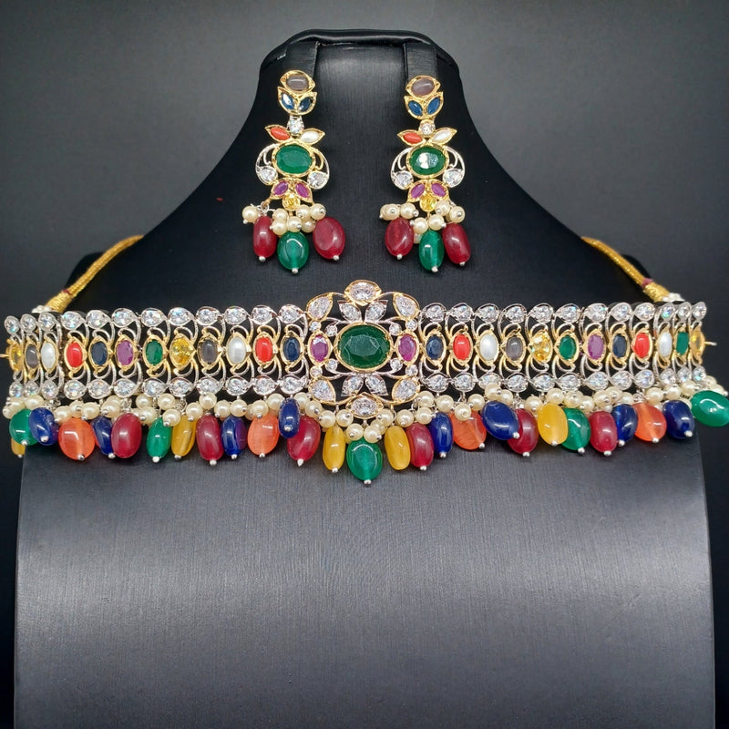 Beautiful AD And Navratan Stones Multi Color Monalisa Beads White Polish Choker Set With erraings