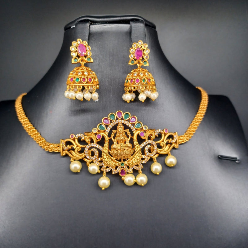 Beautiful Multi Stone Matt Finish Multistone Lakshmi Choker Set With Jumka