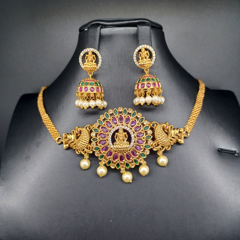 Beautiful Imitation Multi stone Gold Peacock And Lakshmi Choker With Jumka