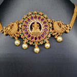 Beautiful Imitation Multi stone Gold Peacock And Lakshmi Choker With Jumka