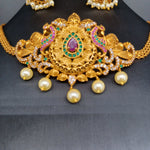 Beautiful Matt Gold Finish MultiStone Peacock Choker Set With jumka