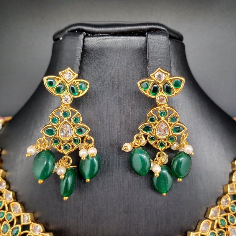 Beautiful Imitation Gold AD And Emeralds With Green monalisa Beads Choker With Earrings