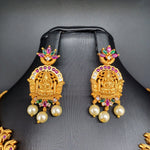 Beautiful Antique Finish Multi Stone Lakshmi And Peacock Choker With Earrings