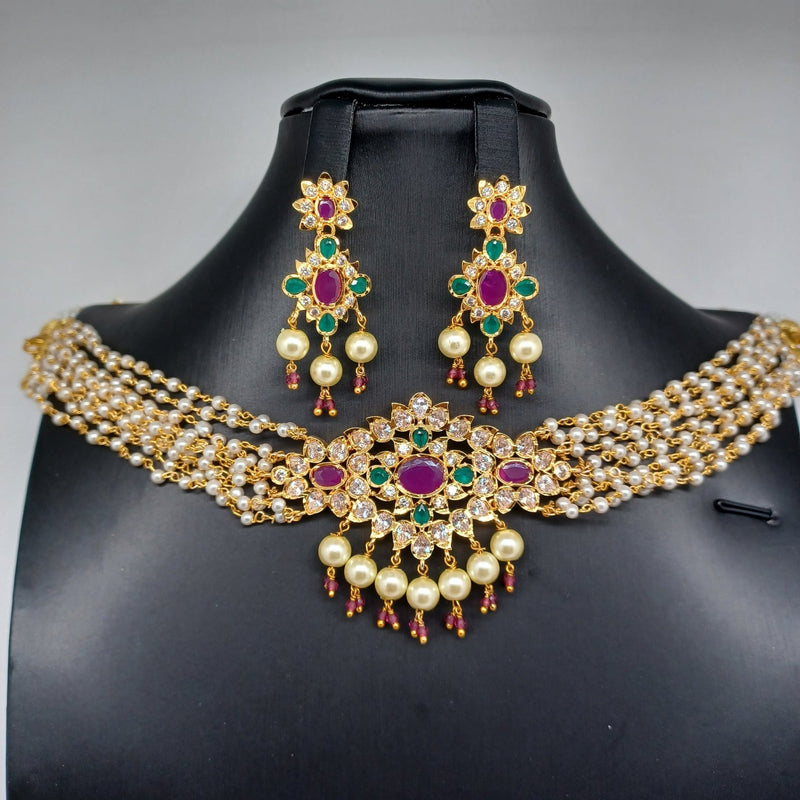 Beautiful Multi Strand Pearl Choker With AD And Multi Stone With Earrings