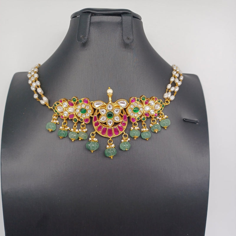 Beautiful AD And Multi Stone Jadav Kundan Choker With Green Pumpkin Beads