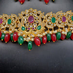 Beautiful AD And Multi Stone With Red And Green Monalisa Beads Choker Set With Earrings