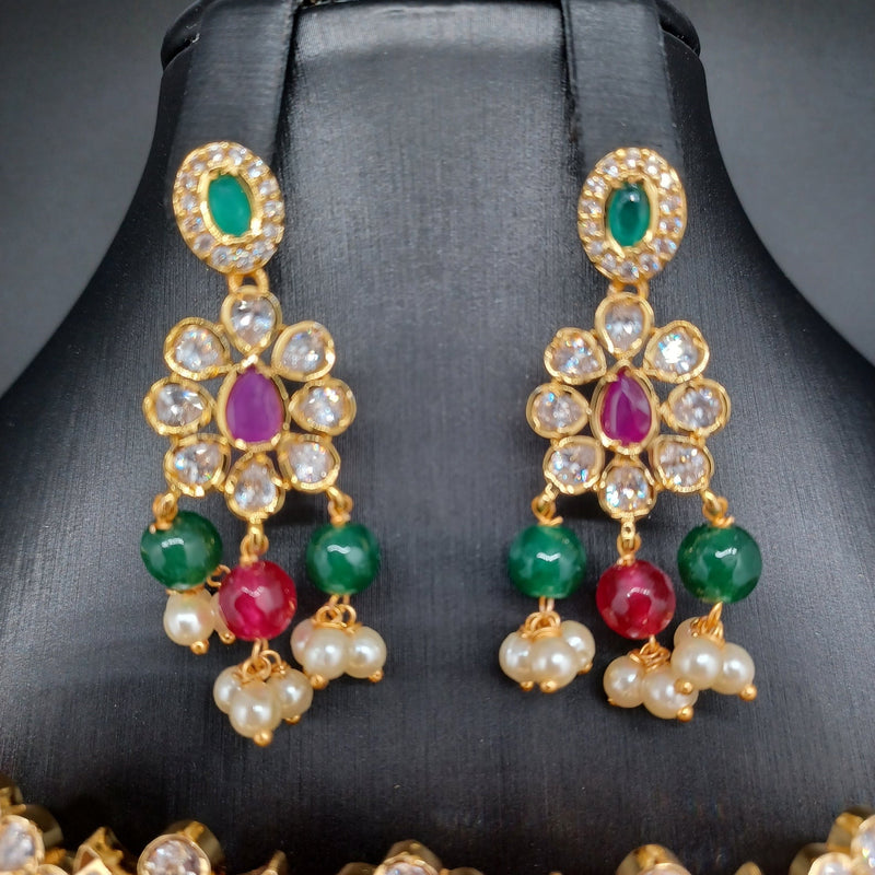 Beautiful AD And Multi Stone Choker With Red And Green Monalisa Beads Choker With Earrings