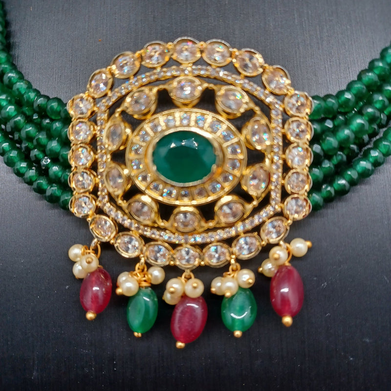 Beautiful AD And Multi Stone Green Oynx Beads Choker With Earrings