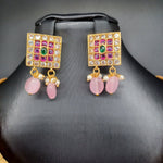 Beautiful Imitaion Gold Kudan style AD And Multistone With Pink monalisa Beads Choker Set With Earring