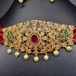 Beautiful AD And Multi Stone Red Monalisa Beads Choker With Earrings