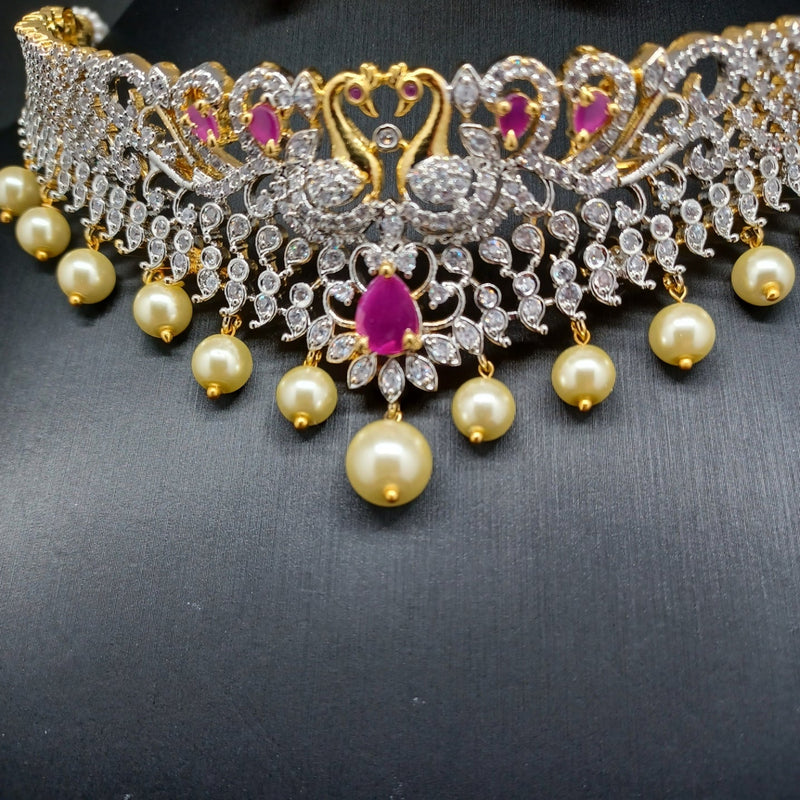 Beautiful AD And Ruby Stone Peacock Diamond Finish Choker With Jumka