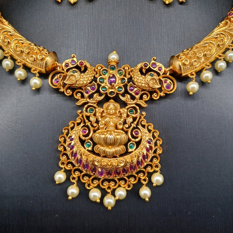 Beautiful Imitation Gold Multi Stone Lakshmi Devi Kante With Earrings