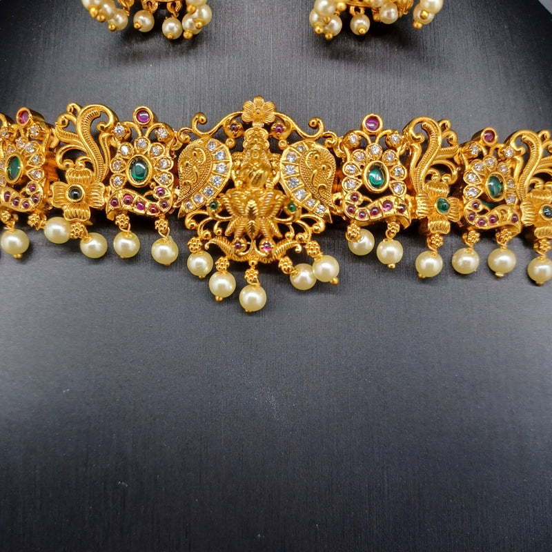 Beautiful Imitation Gold Multi Stone Lakshmi Devi Choker With Earrings