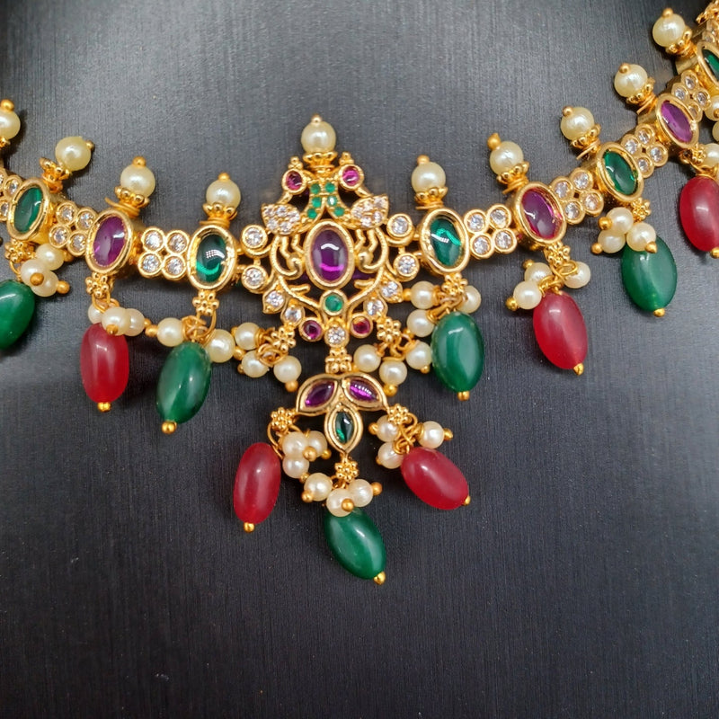 Beautiful Multi Stone Chain Choker With Red And Green Monalisa Beads With Earrings