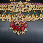 Elegant AD And Multi Stone Peacock Choker With Red Monalisa Beads With Earrings