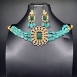 Beautiful Green Monalisa Beads Choker With AD And Emerald Pendent And Earrings