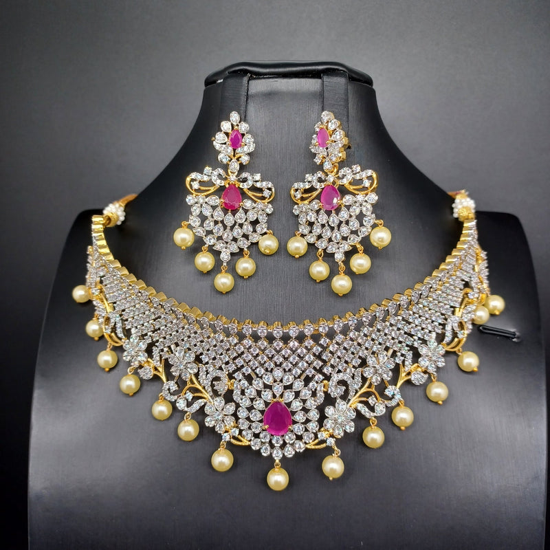 Beautiful Diamond finish AD And Ruby Stone Choker With Earrings