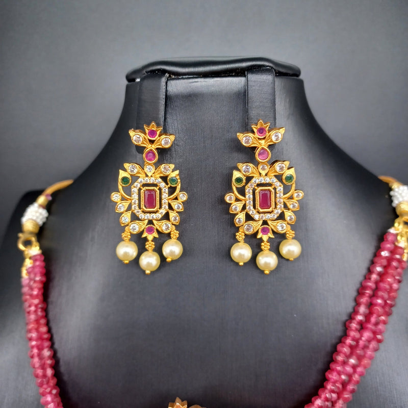 Ruby Beads Necklace with Diamond Pendant and Earrings - Jewellery Designs