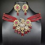 Elegant Multi Strand Marron Beads With Polki Kundan Locket And And Earrings