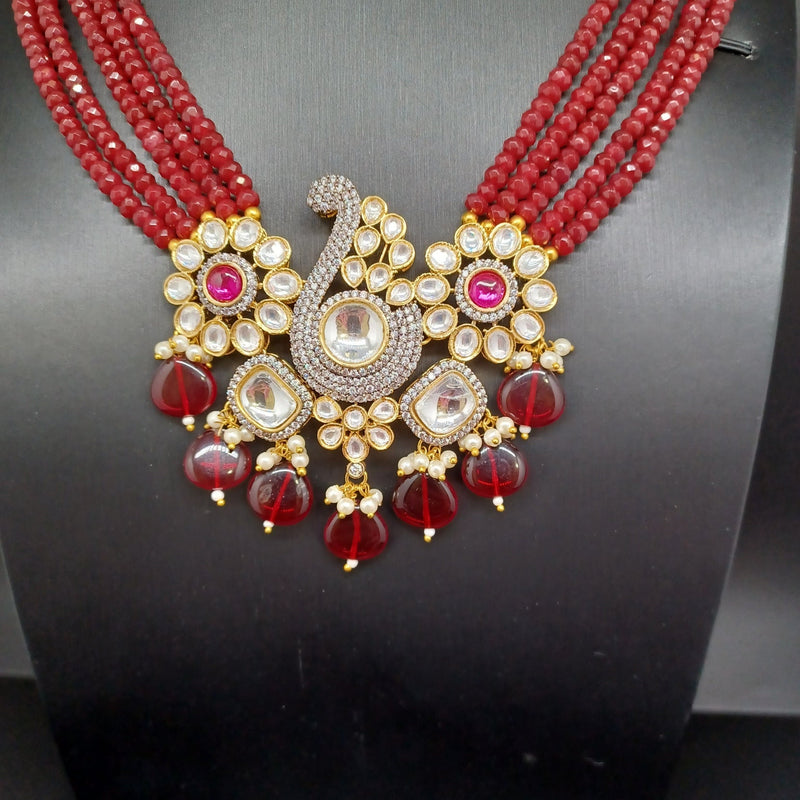 Elegant Multi Strand Marron Beads With Polki Kundan Locket And And Earrings