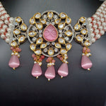 Elegant Pearl And Pastel Pink Polki Kundan And Carved Stone Choker With Earrings