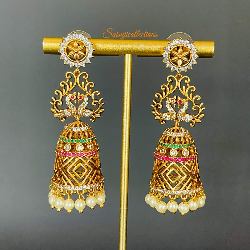 Imitation Gold CZ and Multistone Peacock Long Jhumka-Saisuji Collections-C-Earring,Earrings,Maate,Matte Gold