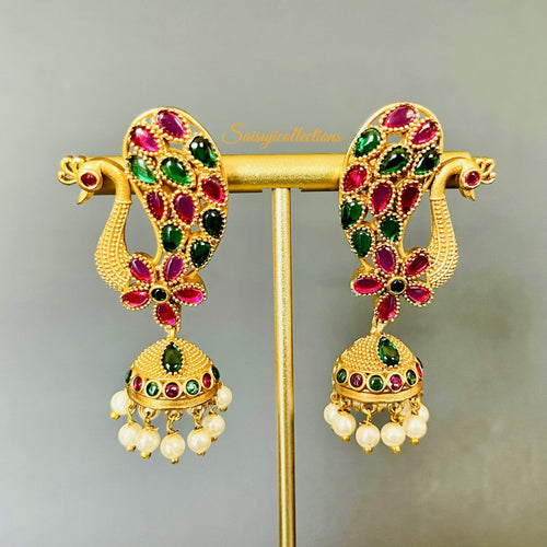 Matte Gold Ruby Emerald Peacock Earrings-Saisuji Collections-C-Earring,Earrings,Maate,Matte Gold