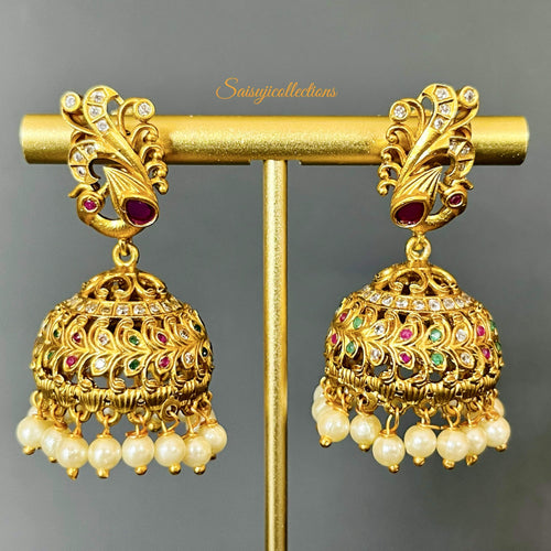 Matte Gold Peacock Multi Stone Jhumkas-Saisuji Collections-C-Earring,Earrings,Emerald,Matte Gold
