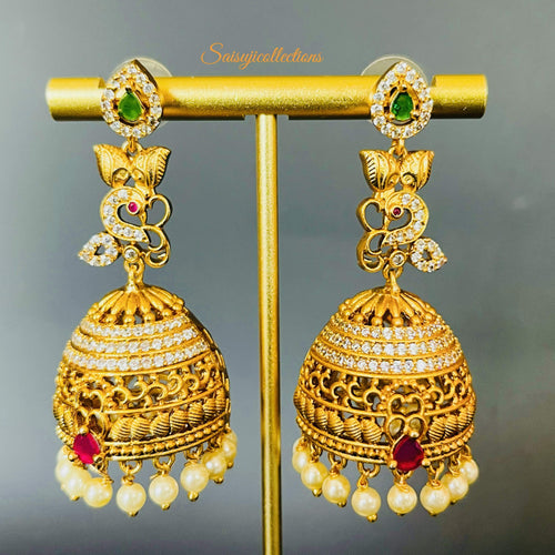 Matte Gold Multi Stone CZ Peacock Long Jumka-Saisuji Collections-C-American Diamond,Earring,Earrings,Emerald