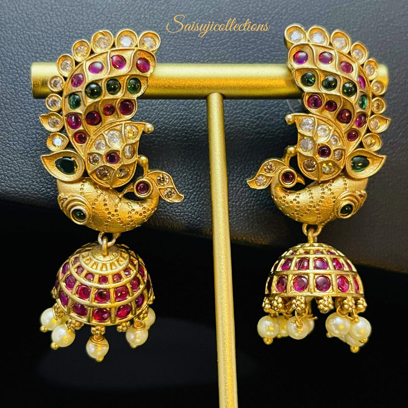 Premium Matt Gold Peacock Kemp Stone Earrings-Saisuji Collections-S-American Diamond,Earring,Earrings,Emerald