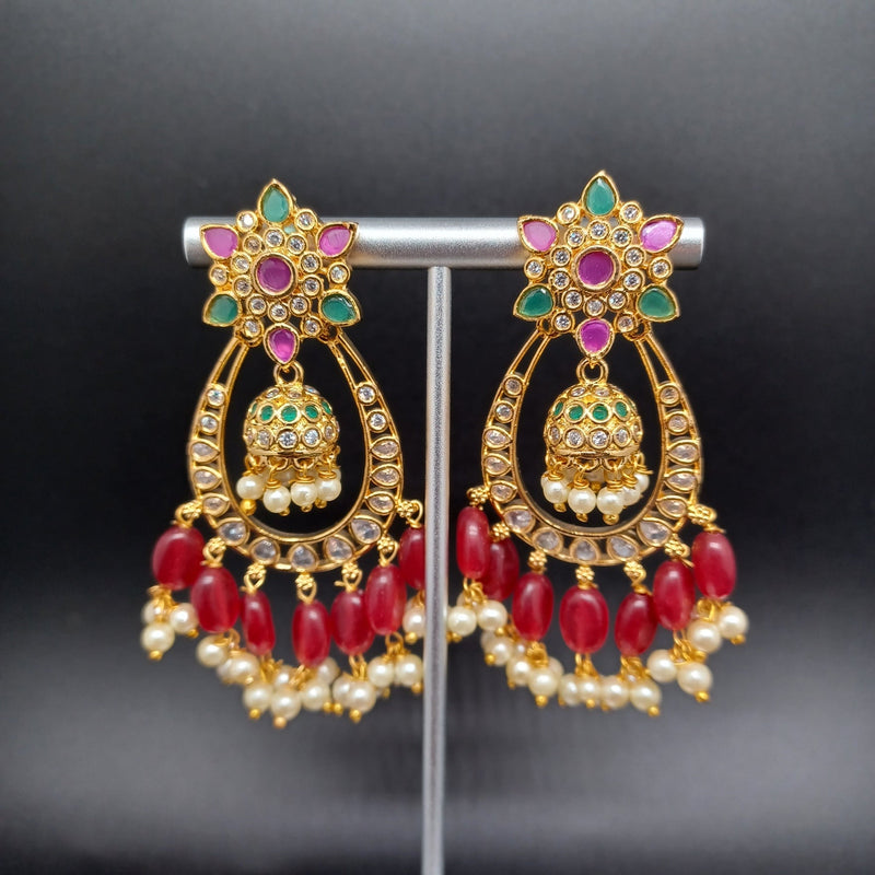 Beautiful Multi Stone Chandbali Red Monalisa Beads Earrings