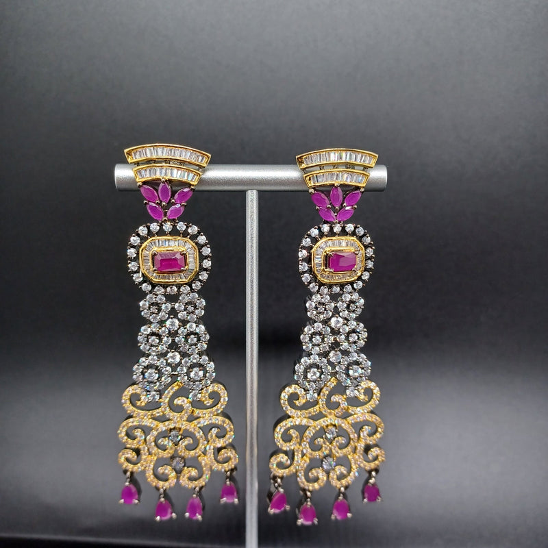 Beautiful Black And Gold Polish AD And Pink Stone Earrings