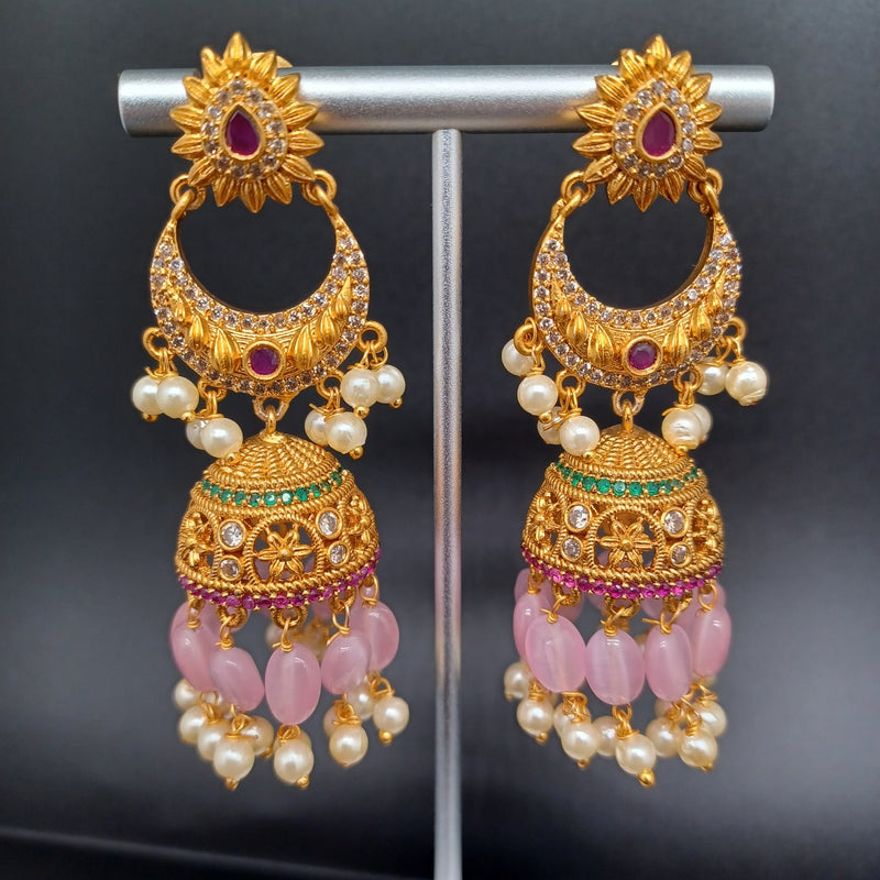 Beautiful Matt Finish Multi Stone And Pink Monalisa Beads Earrings