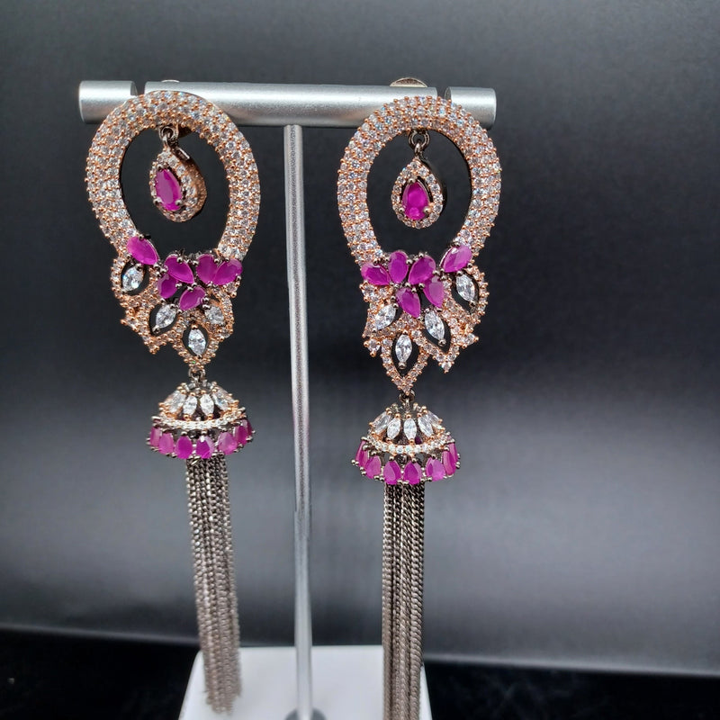 Beautiful AD And Ruby Stone Rose Gold Polish Earrings